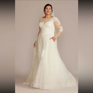 LIKE NEW~OLEG CASSINI High Neck Long Sleeve Illusion Wedding Dress SIZE 16